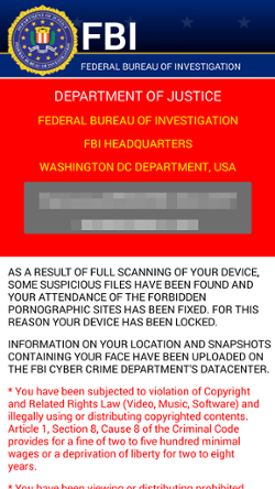 A fake FBI warning used by ransomware to scare victims into paying to unlock their computers. Screenshot courtesy Avast.